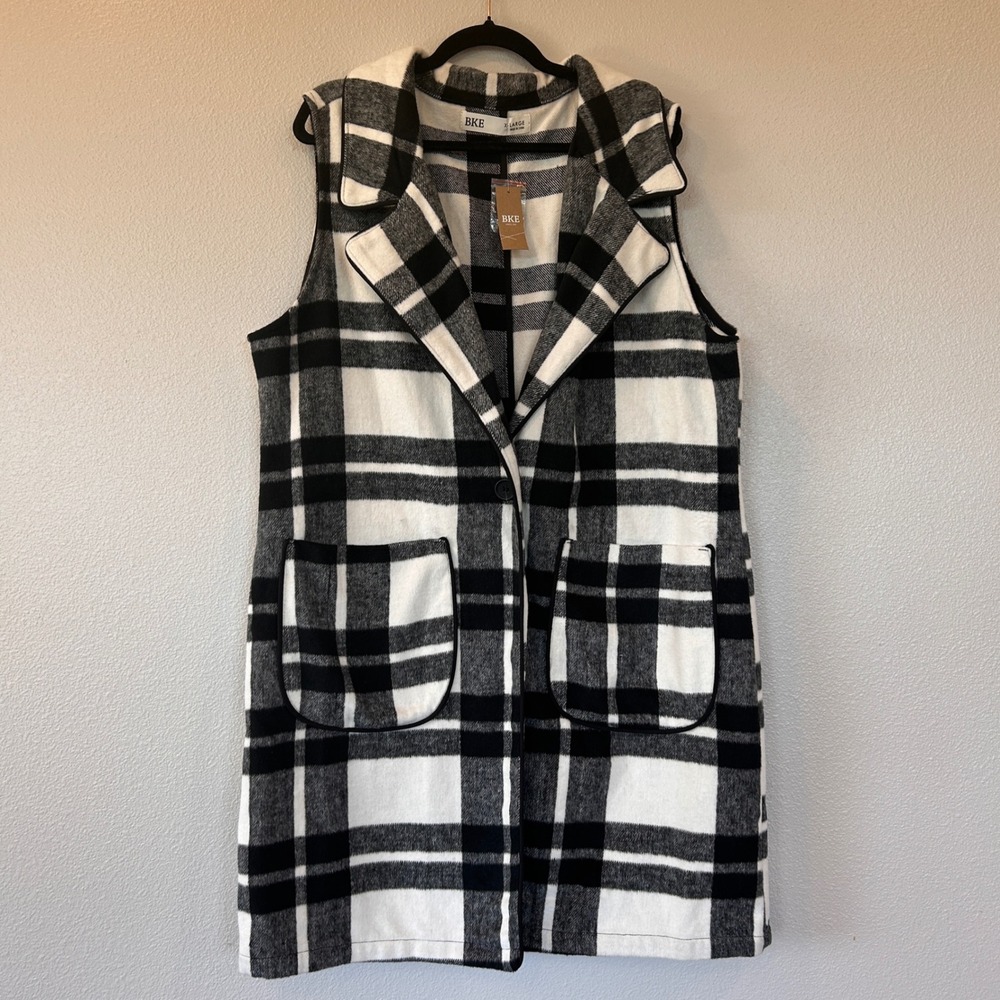 BKE Womens Black White Plaid Longline Wool Blend Vest BK54363 XL NWT
